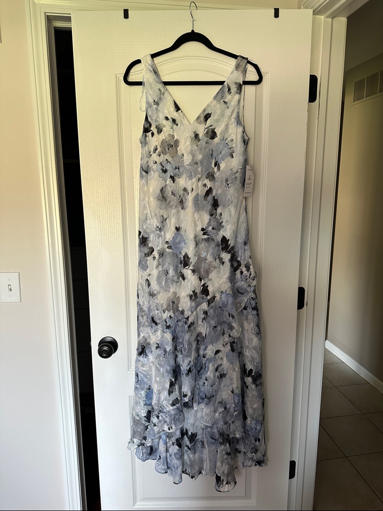 Alex Evenings Blue And Gray Floral V-Neck Chiffon Maxi Dress
